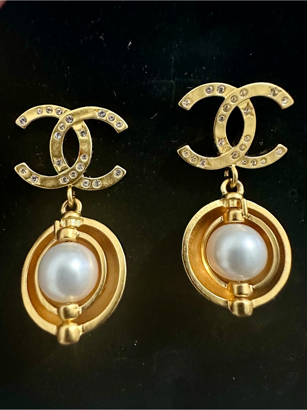 CHANEL Pierced Coco Mark Nestled Pearl Drop Crystal Earrings - Gold-Plated